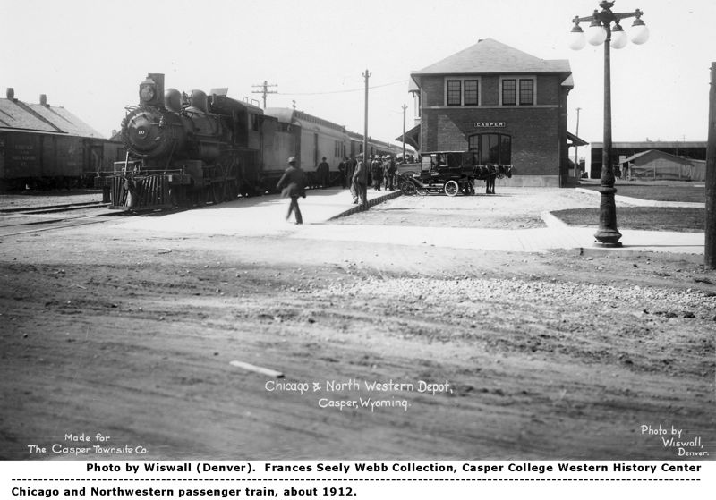 CNW passenger train and station, Casper, WY in 1912